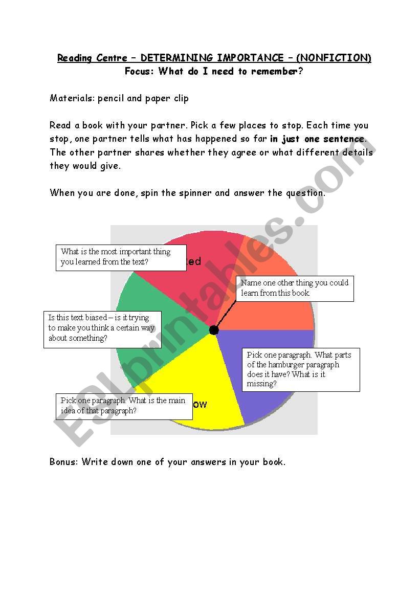 Reading Spinner - nonfiction, determing importance