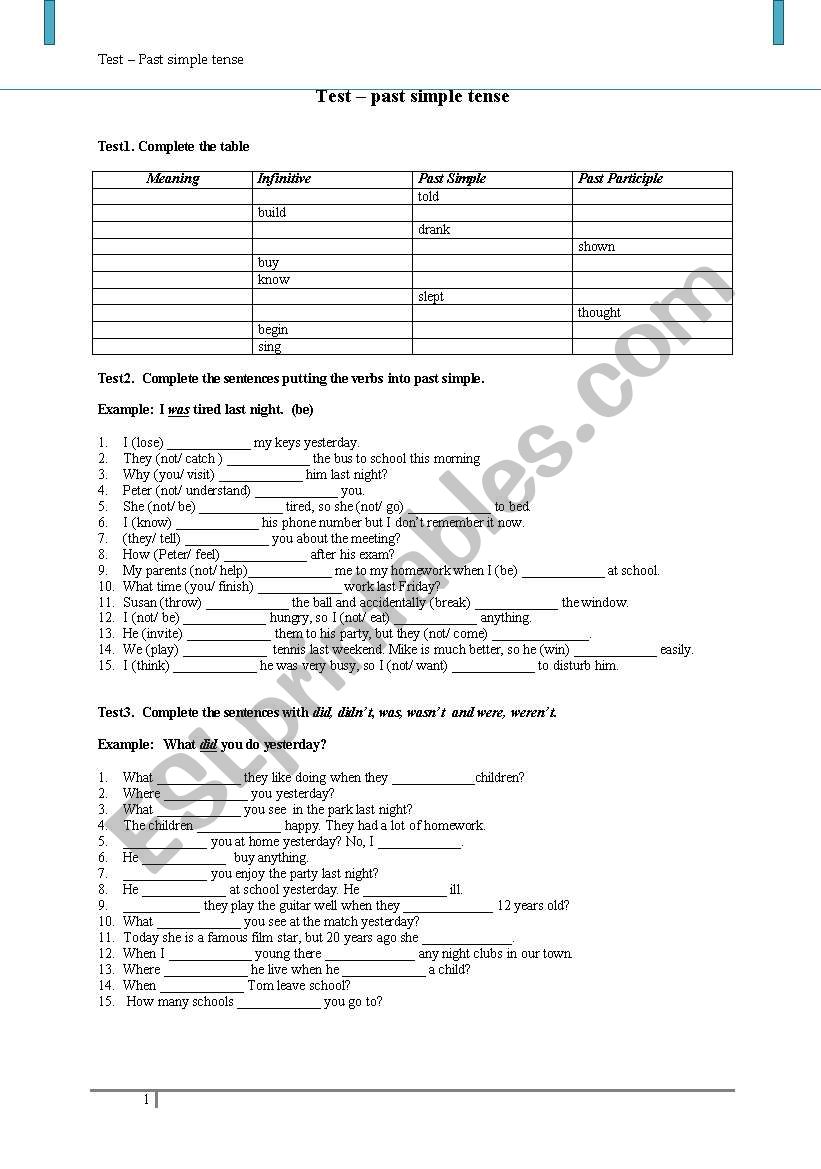 Test past simple tense worksheet