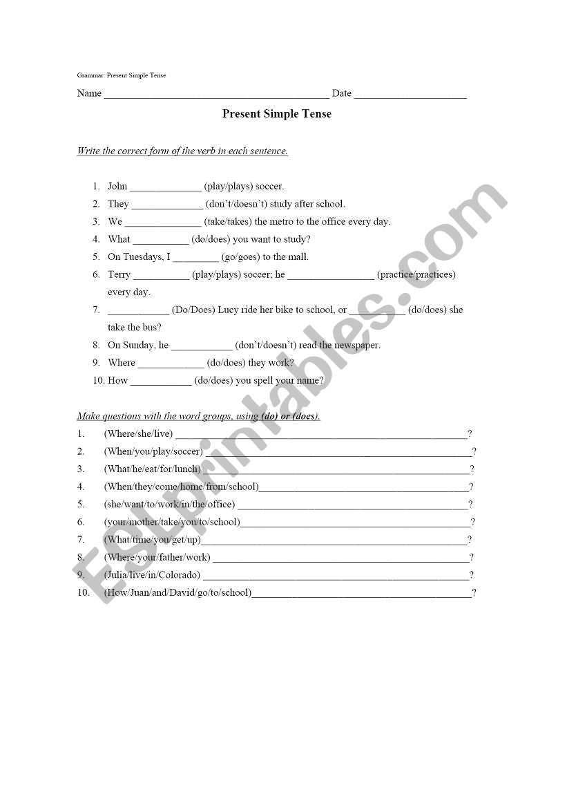 Test present simple tense worksheet