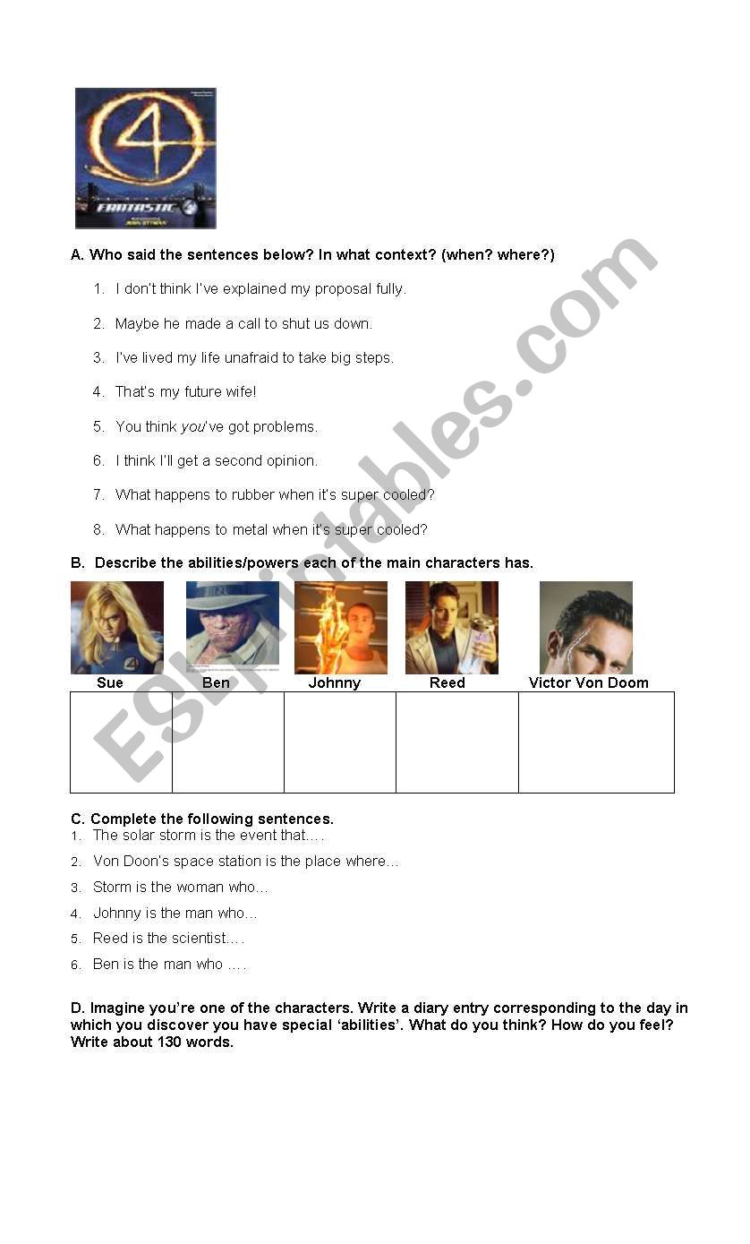 Fantastic Four Video worksheet