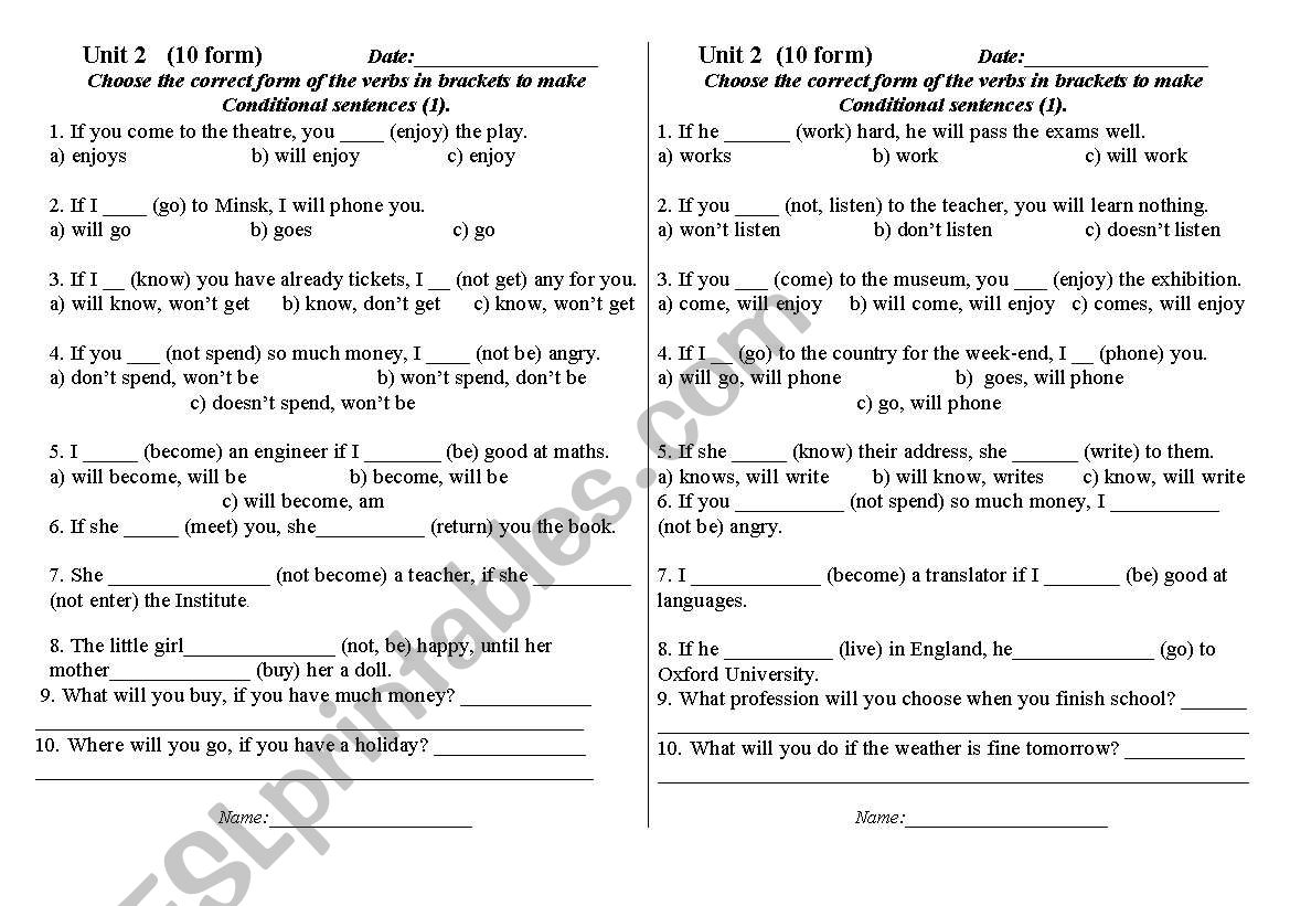 Conditionals worksheet