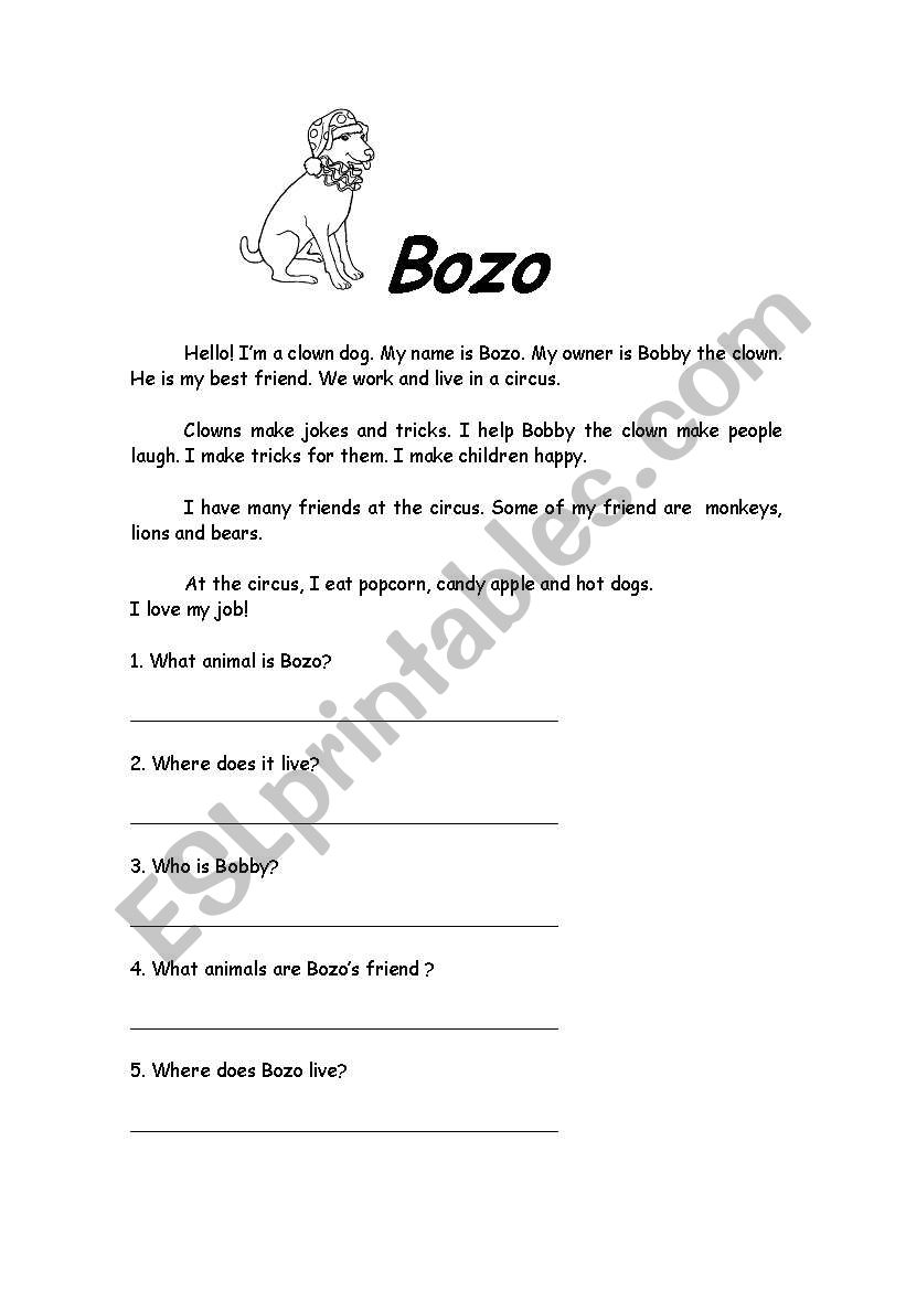 BoZo the Dog Clown worksheet