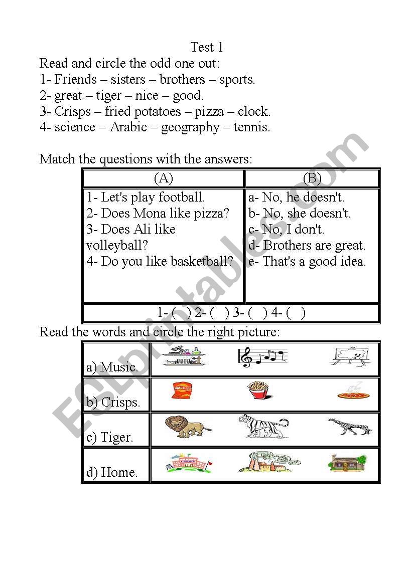 simple test worksheet