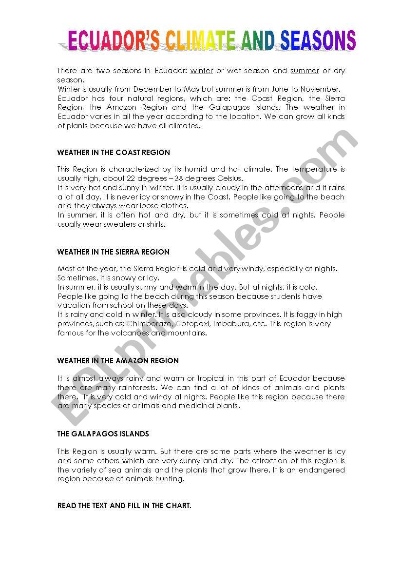 ECUADOR CLIMATE AND SEASONS worksheet