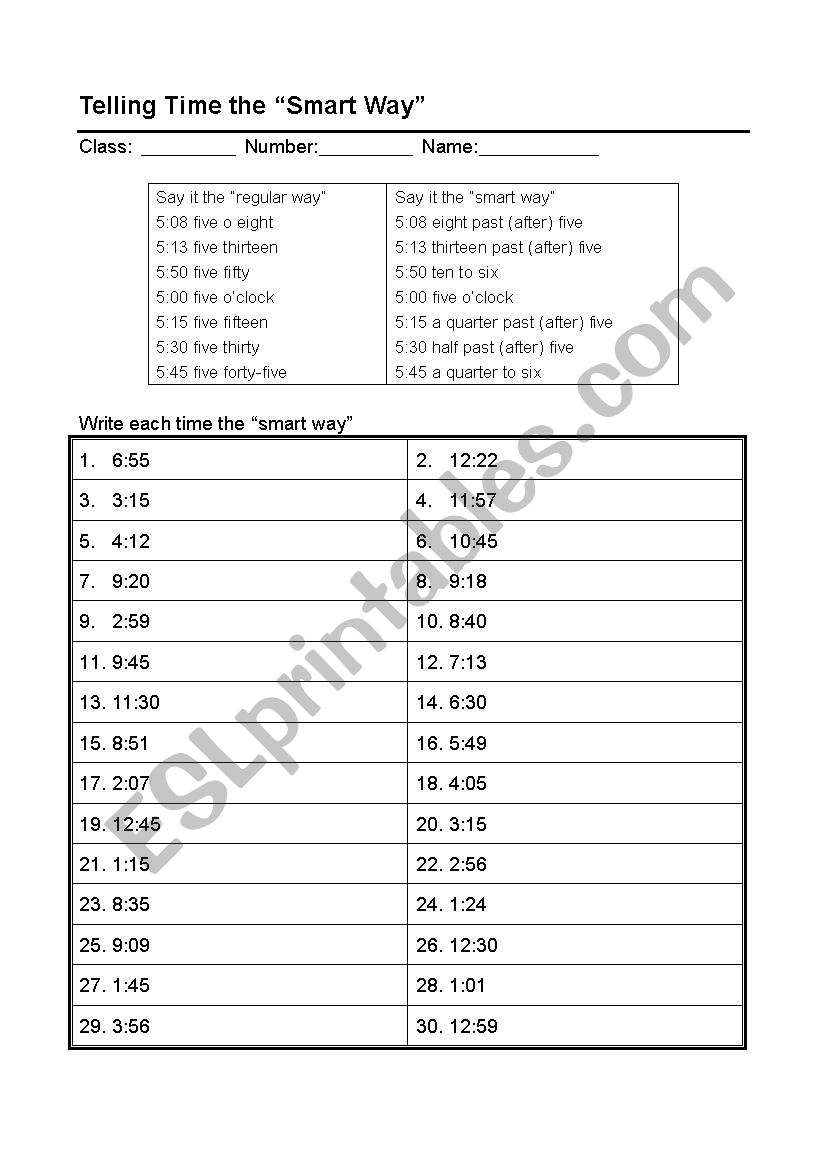 Telling Time the smart way worksheet