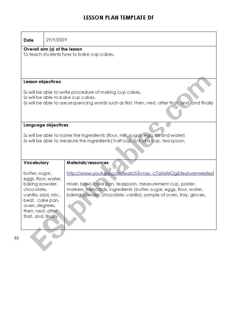 making cup cakes lesson plan worksheet