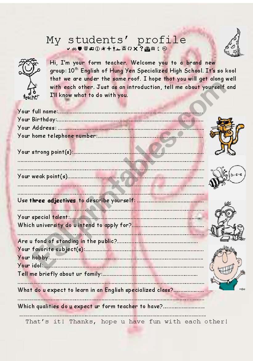 Students profile worksheet