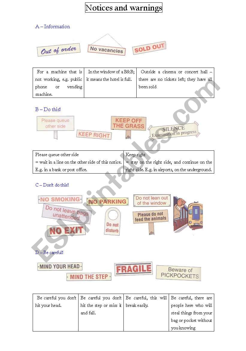 Signs and warnings worksheet