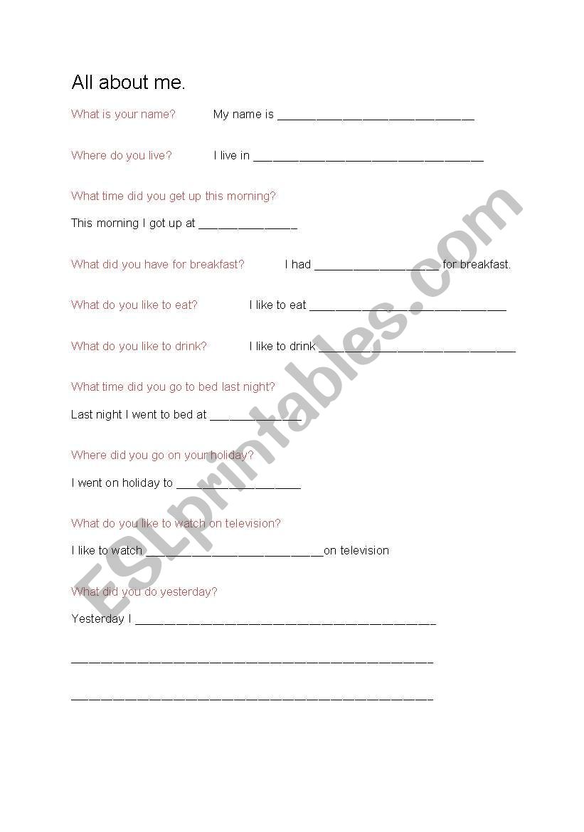 All About Me worksheet