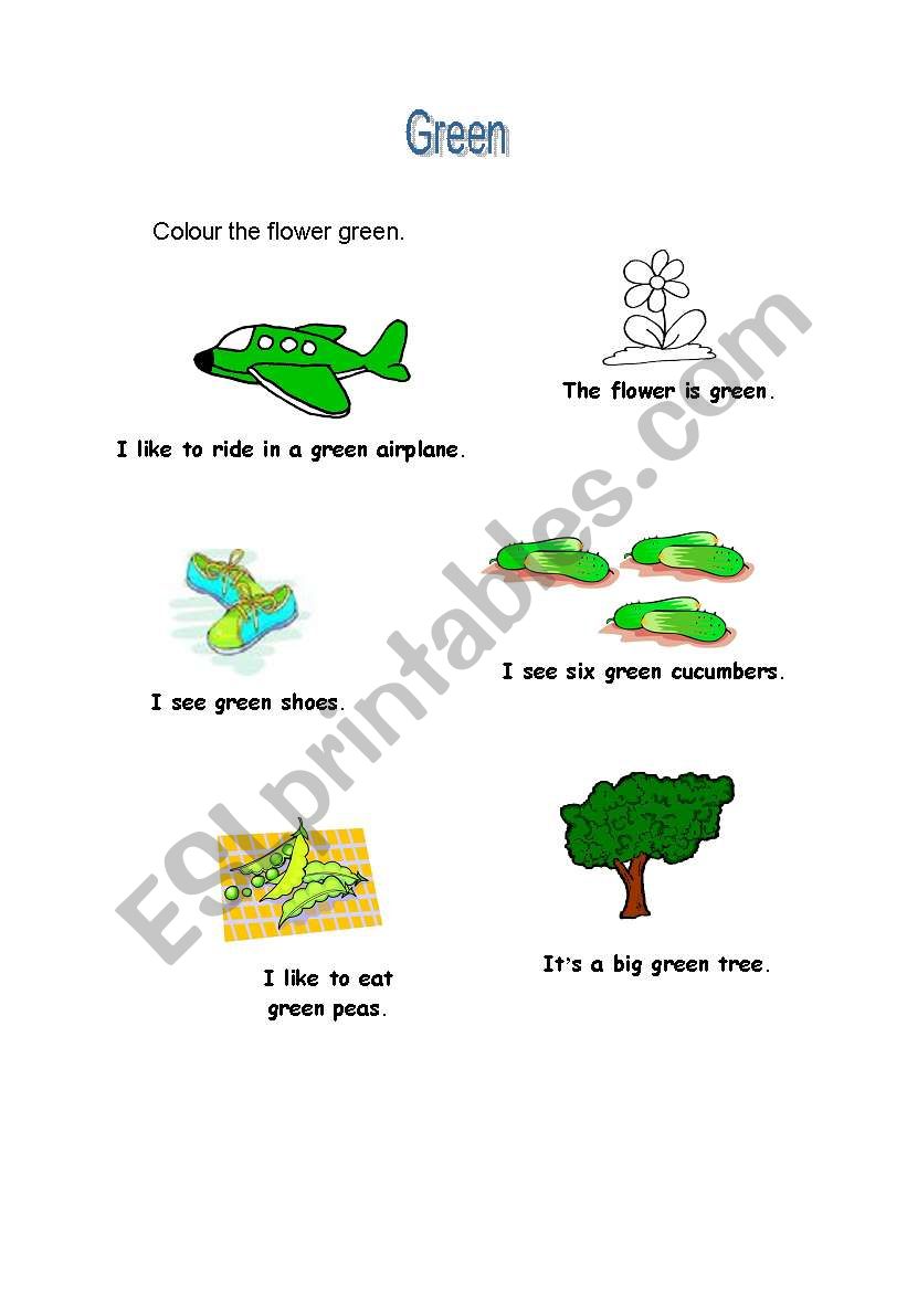 Review of the colour green and simple sentence structure using easy vocabulary.
