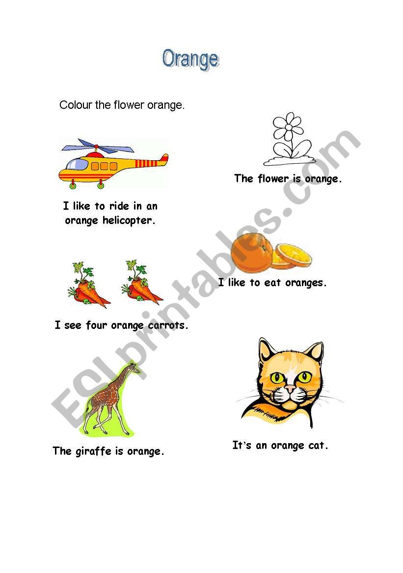 Review of the colour orange and simple sentence structure using easy vocabulary.