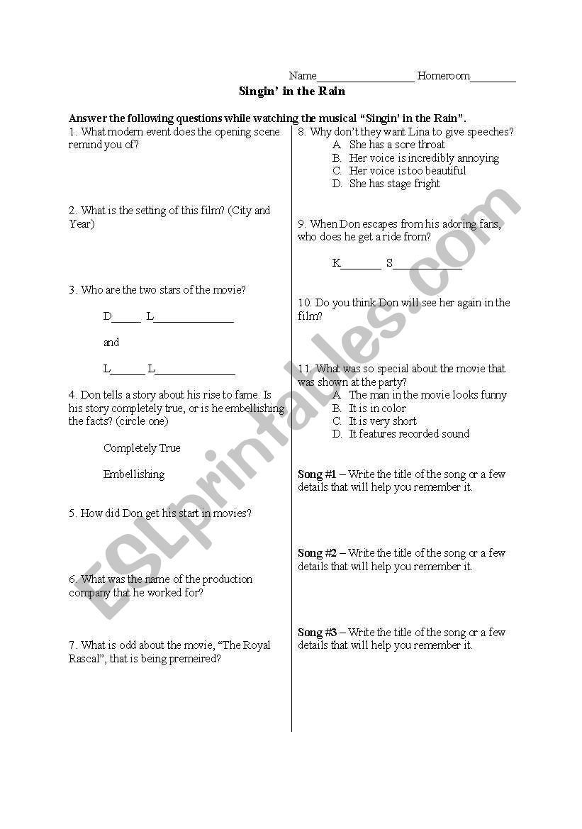 singing in the rain musical worksheet