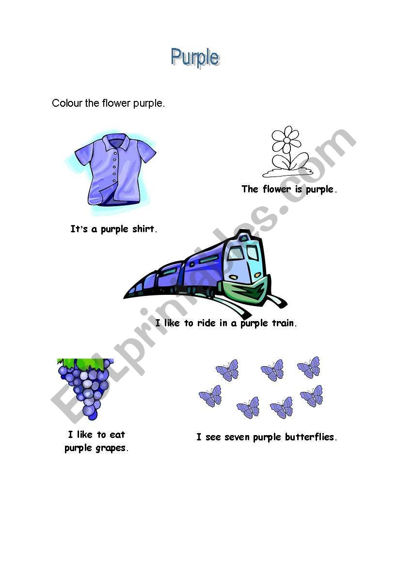 Review of the colour purple and simple sentence structure using easy vocabulary.