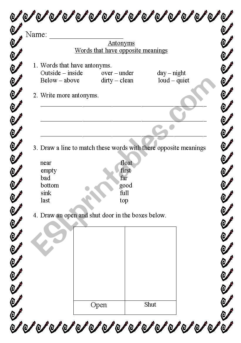 Opposites worksheet