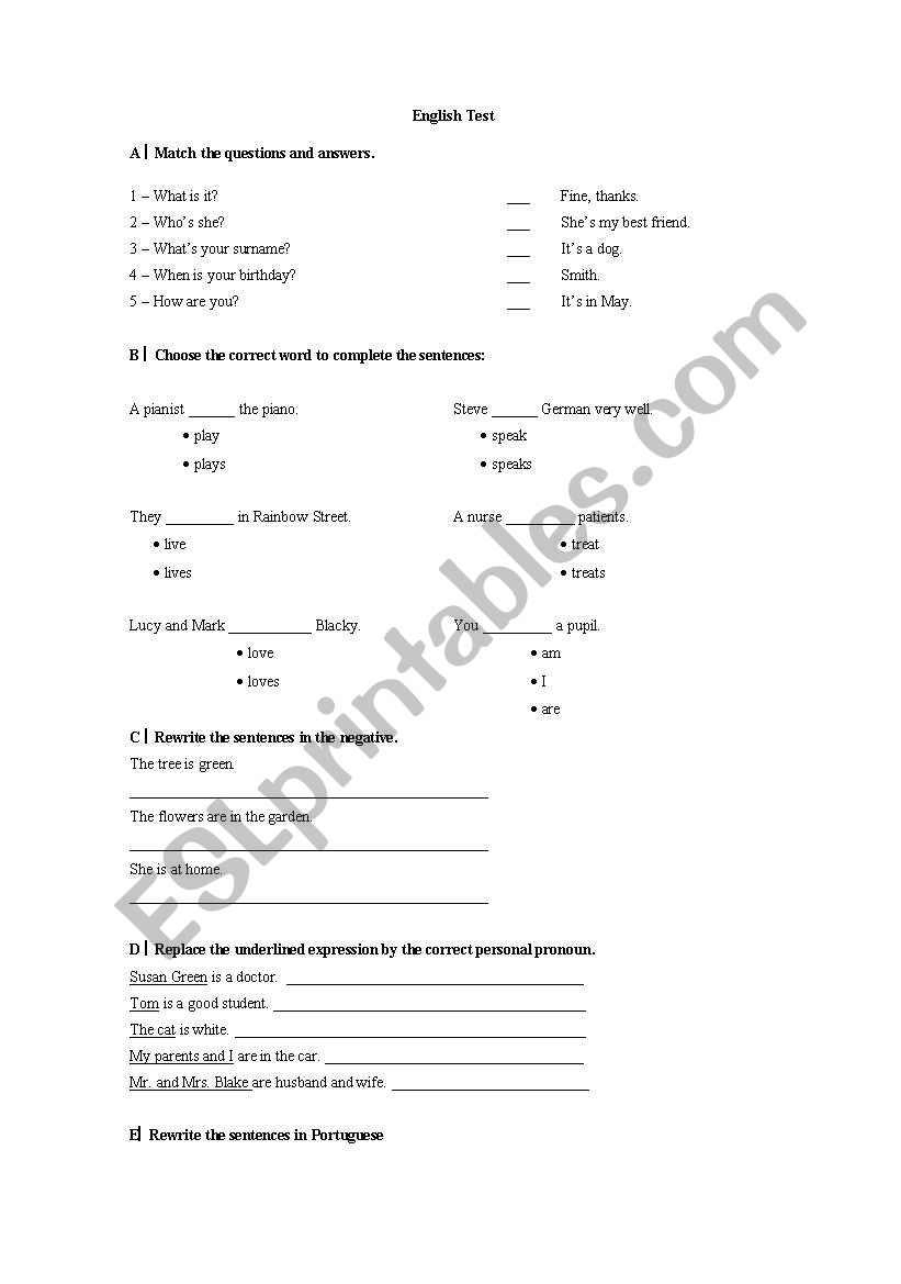 test worksheet