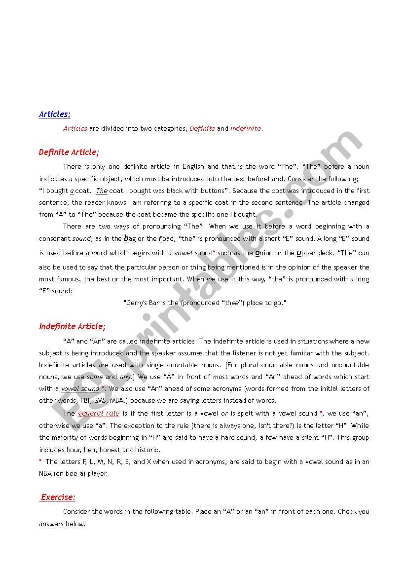 Definite andIndefinite Articles; The Real Story