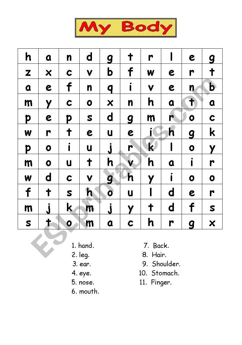 parts of the body- crossword worksheet