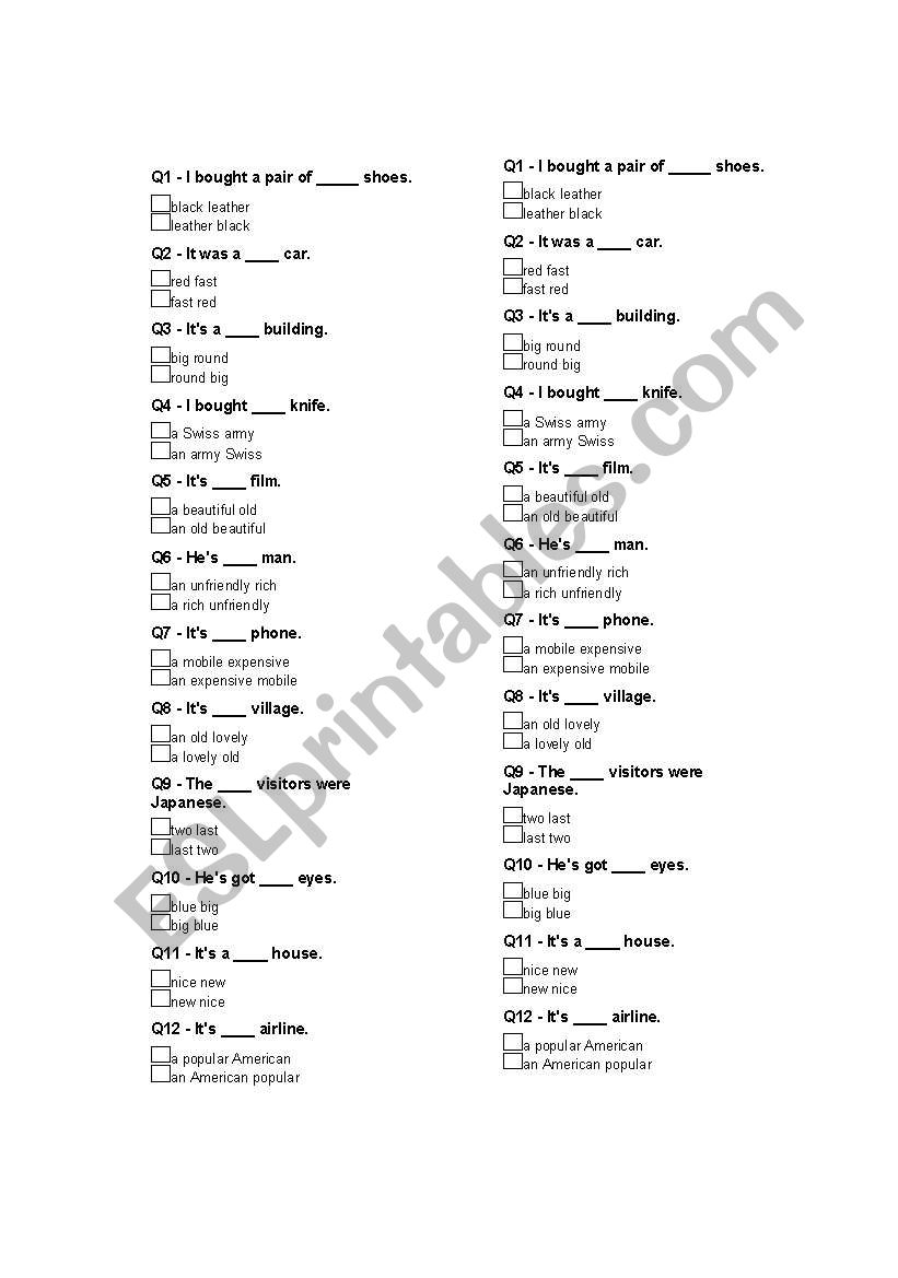 Adjectives Order worksheet