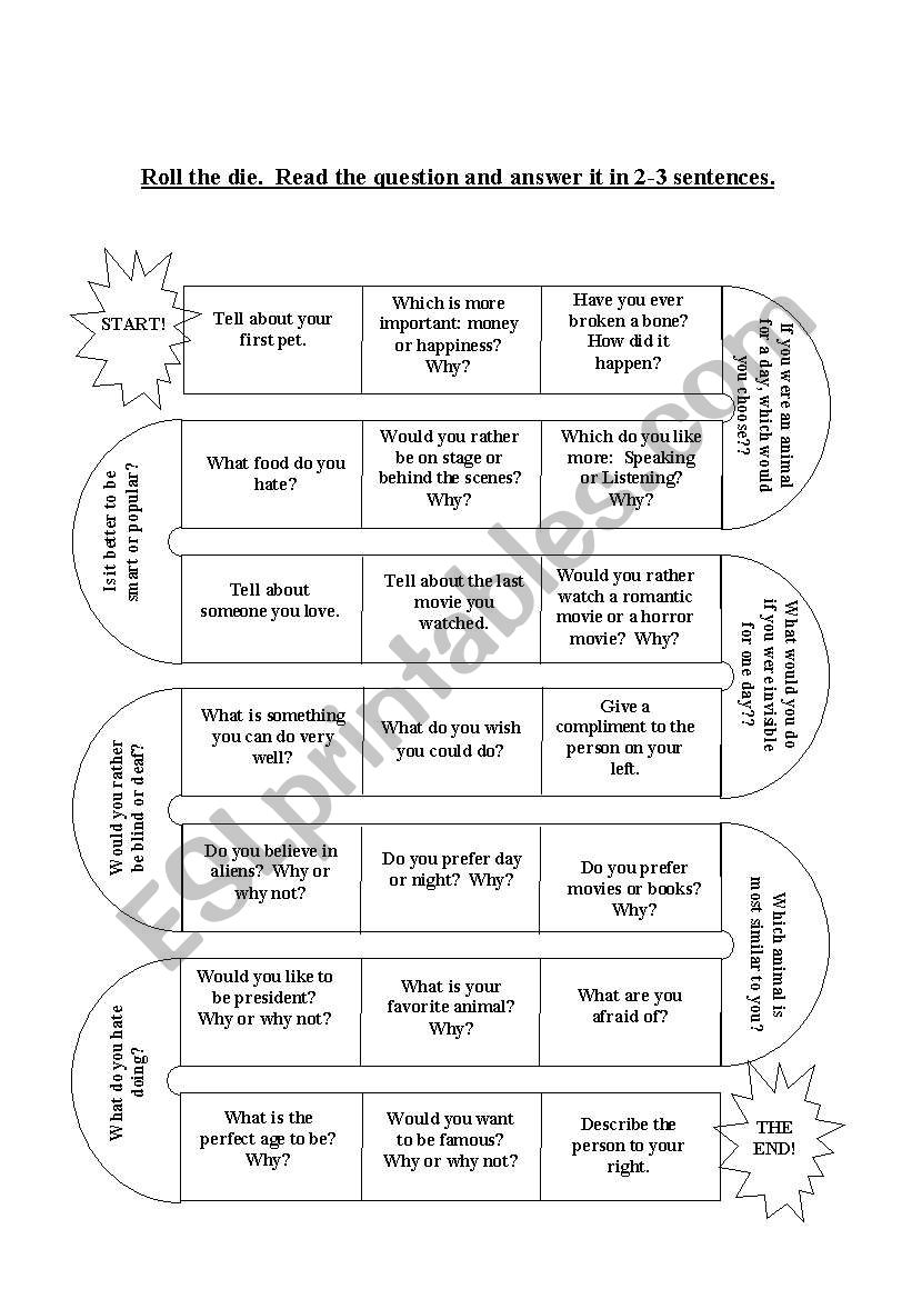 Speaking board game worksheet