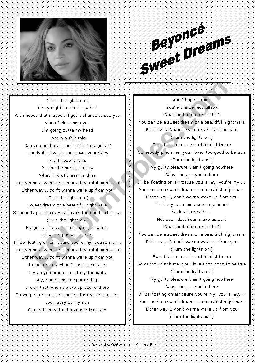 Song Sweet Dreams By Beyonce Esl Worksheet By Enid Stella