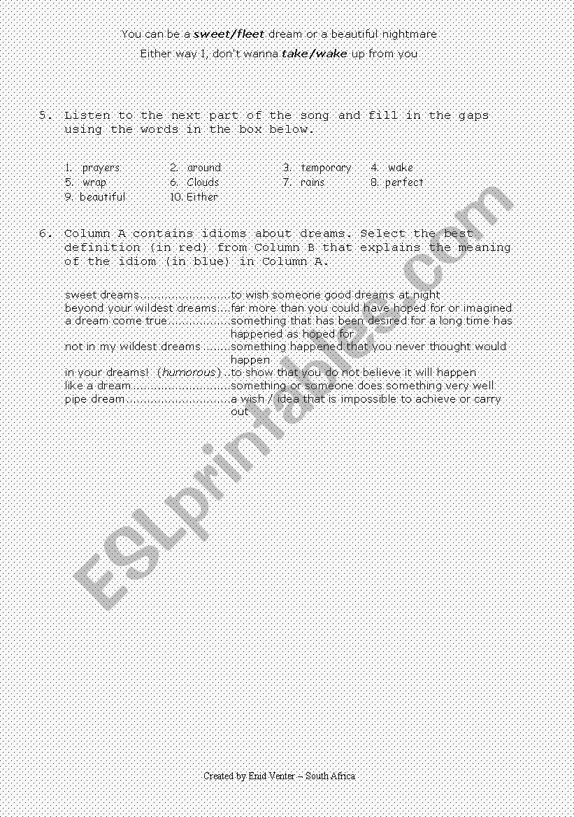 Song Sweet Dreams By Beyonce Esl Worksheet By Enid Stella