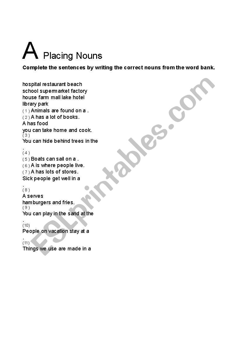 placing nouns worksheet