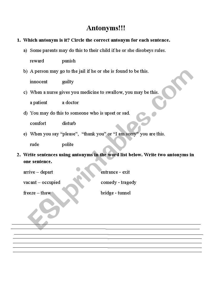 Antonyms worksheet