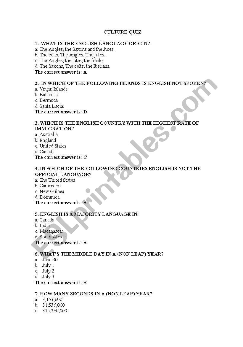 Culture Quiz worksheet