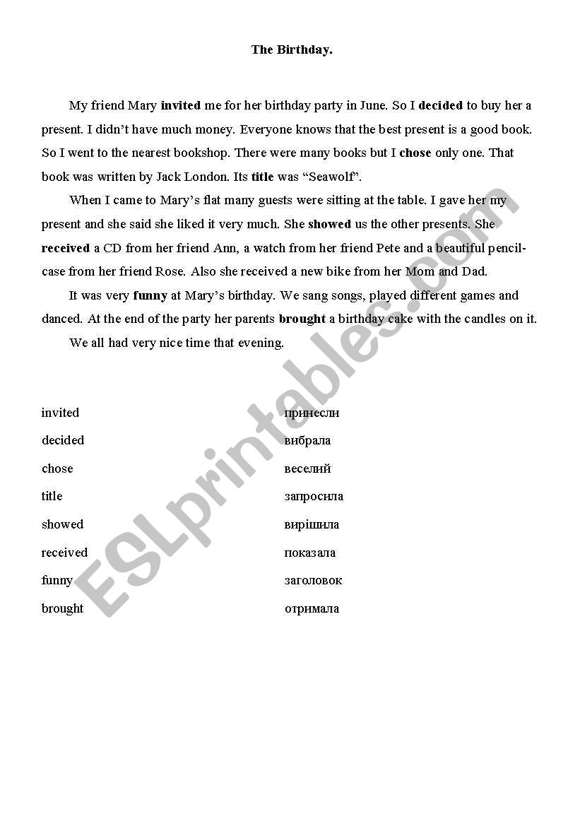 birthday text worksheet