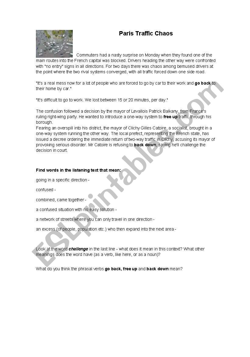 Paris Traffic Chaos worksheet