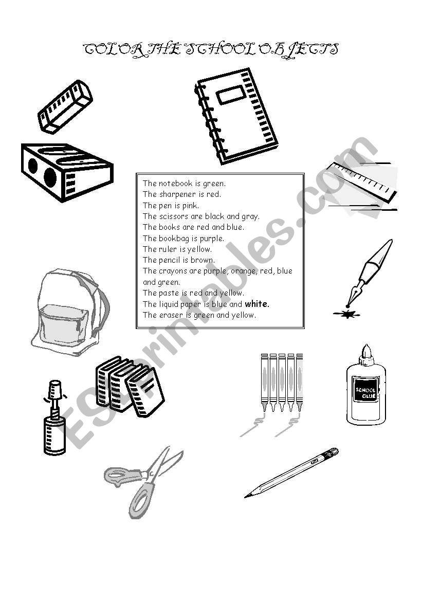 COLOR THE SCHOOL OBJECTS worksheet