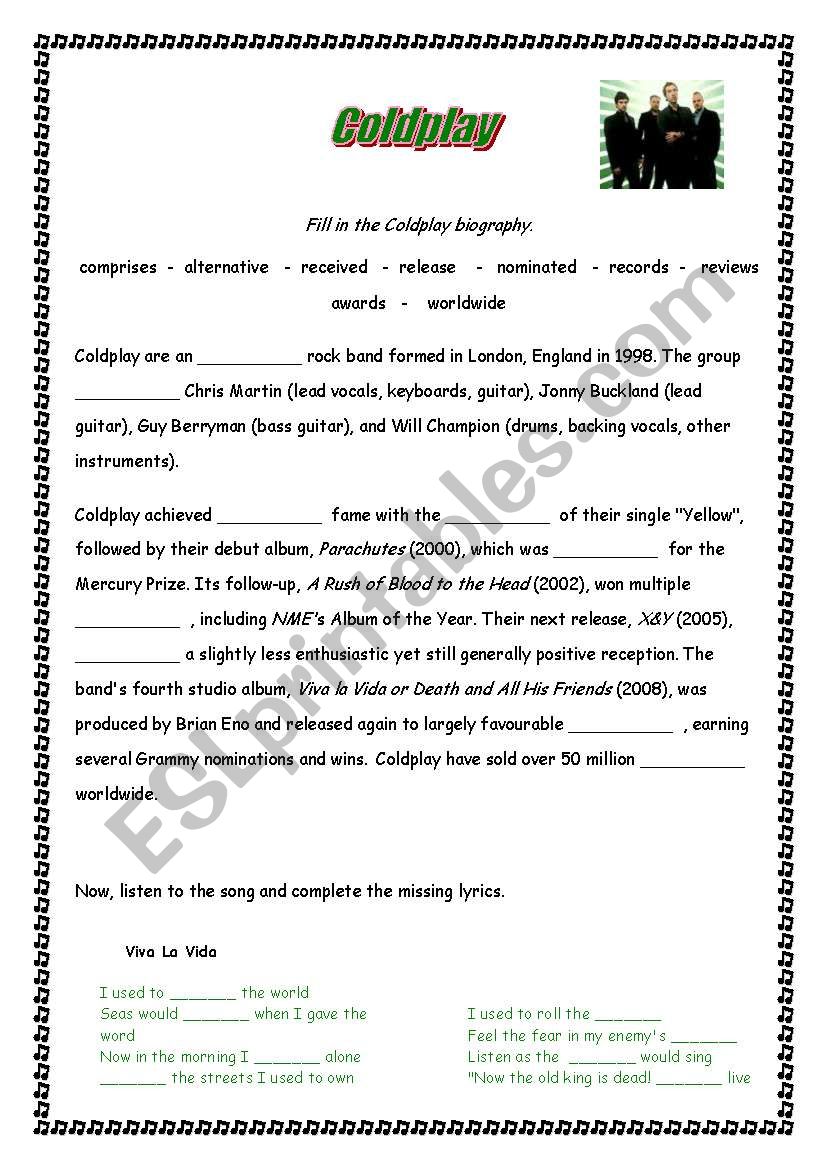 Coldplay biography and lyrics worksheet
