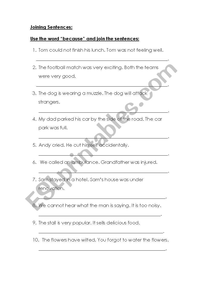 English Worksheets Joining Sentences