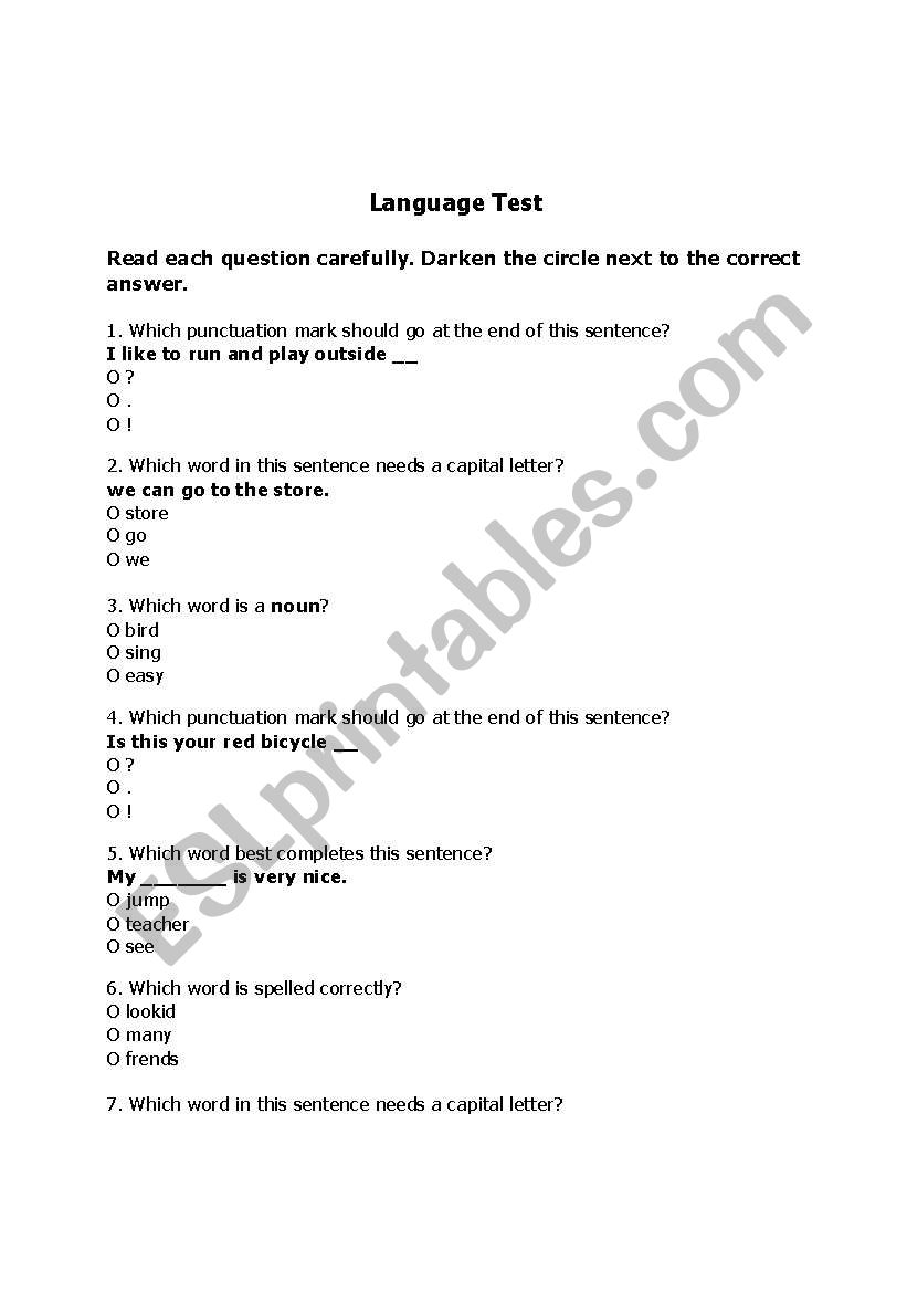 Language Test worksheet