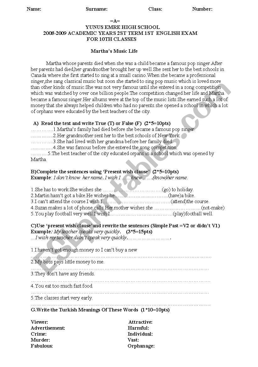 exam worksheet