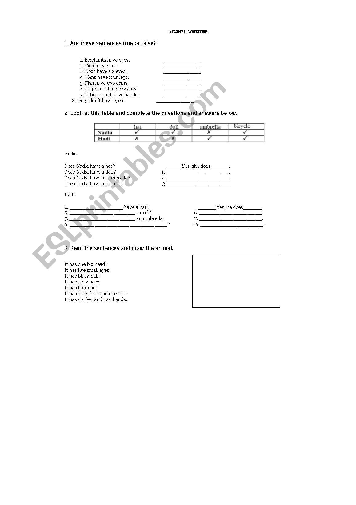 body parts and animals worksheet