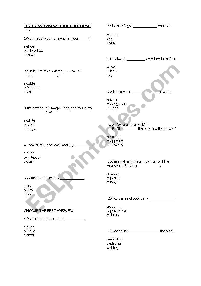 3 grades test worksheet