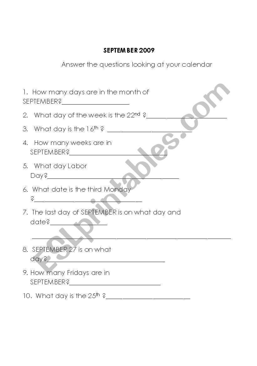 September Questions worksheet