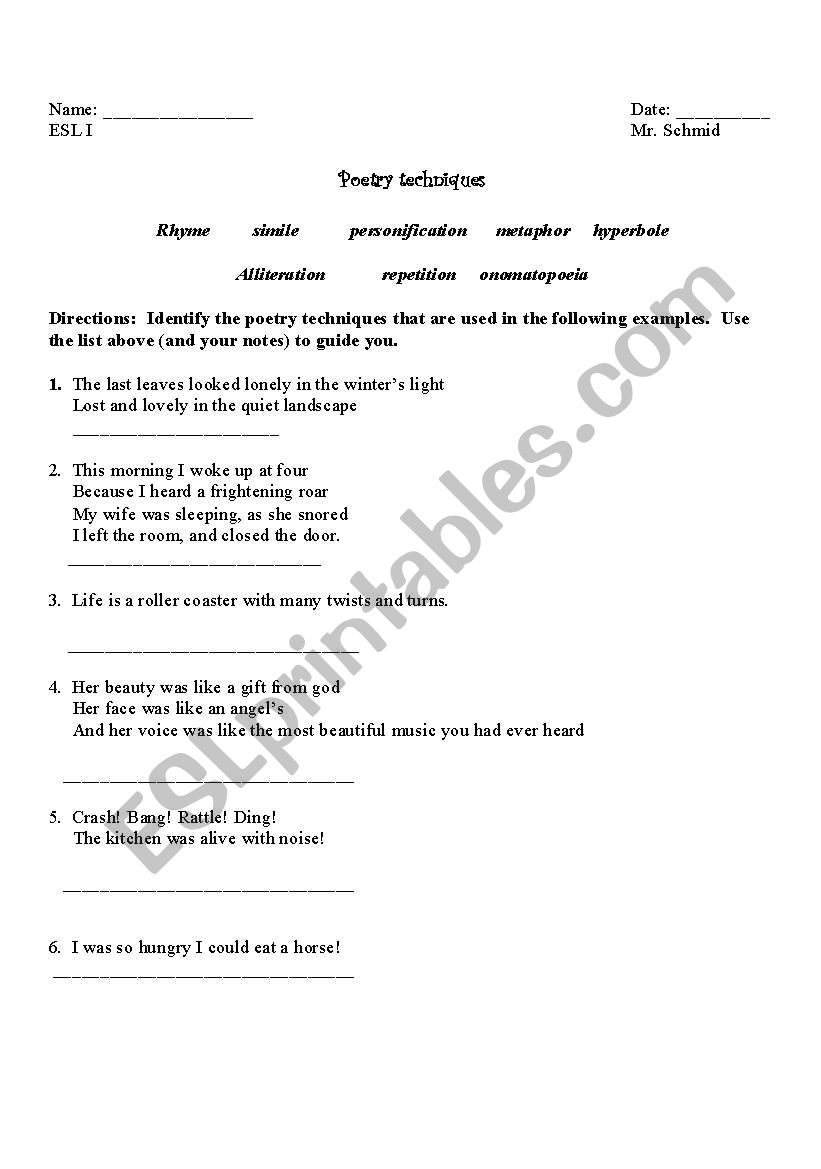 Poetry Techniques worksheet