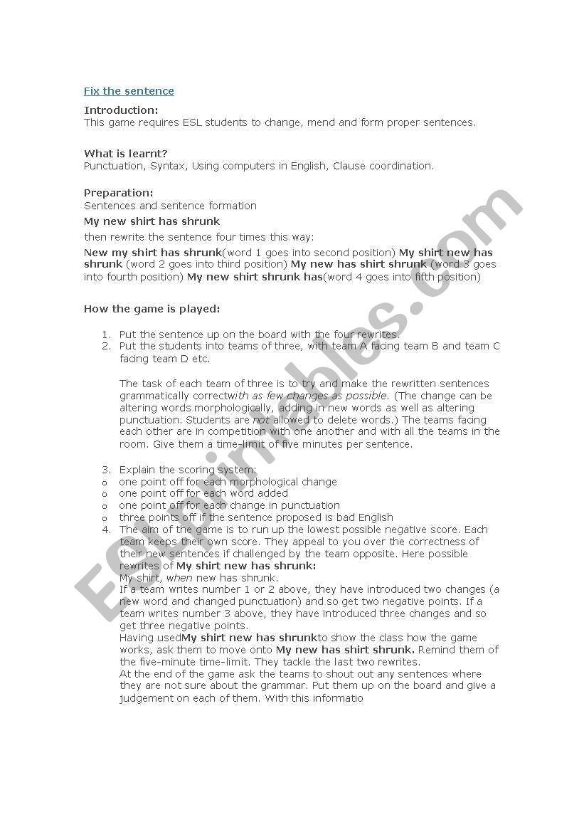 Fix the Sentence worksheet