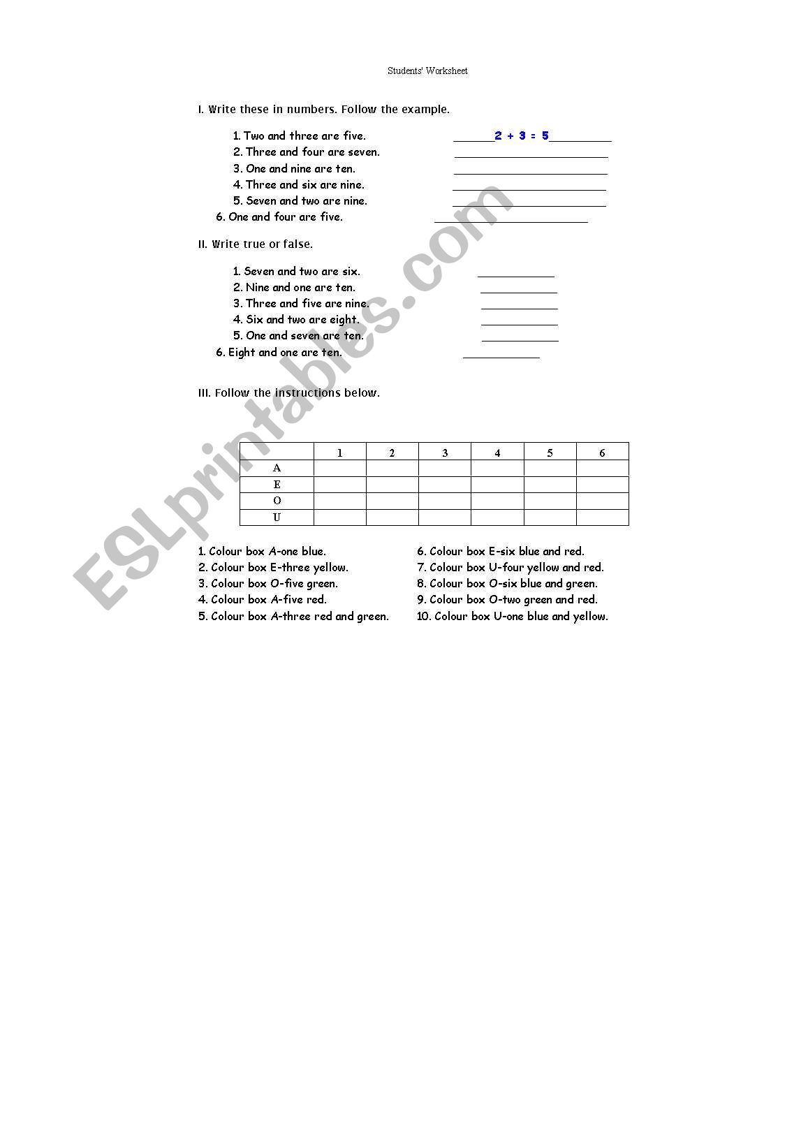 numbers worksheet