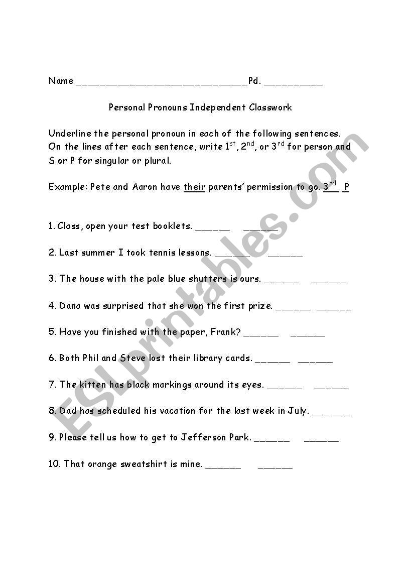 Personal Pronouns worksheet