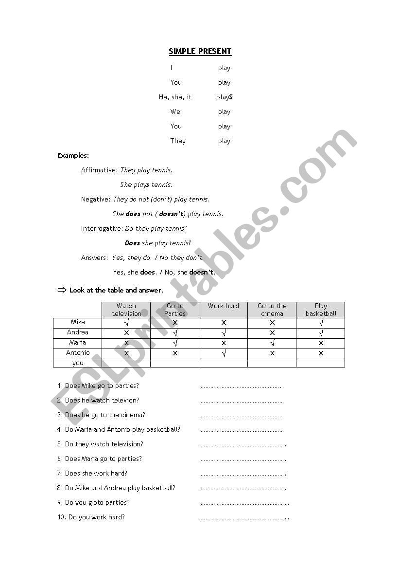 present simple  worksheet