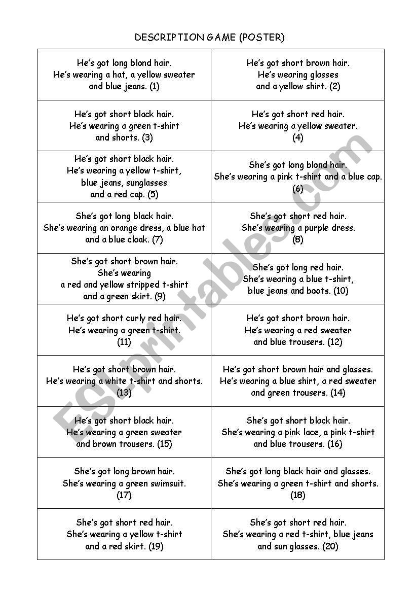 DESCRIPTION GAME. worksheet