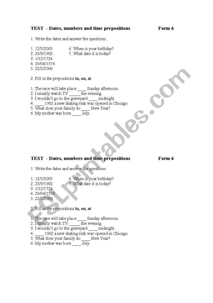 Date and time prepositions worksheet