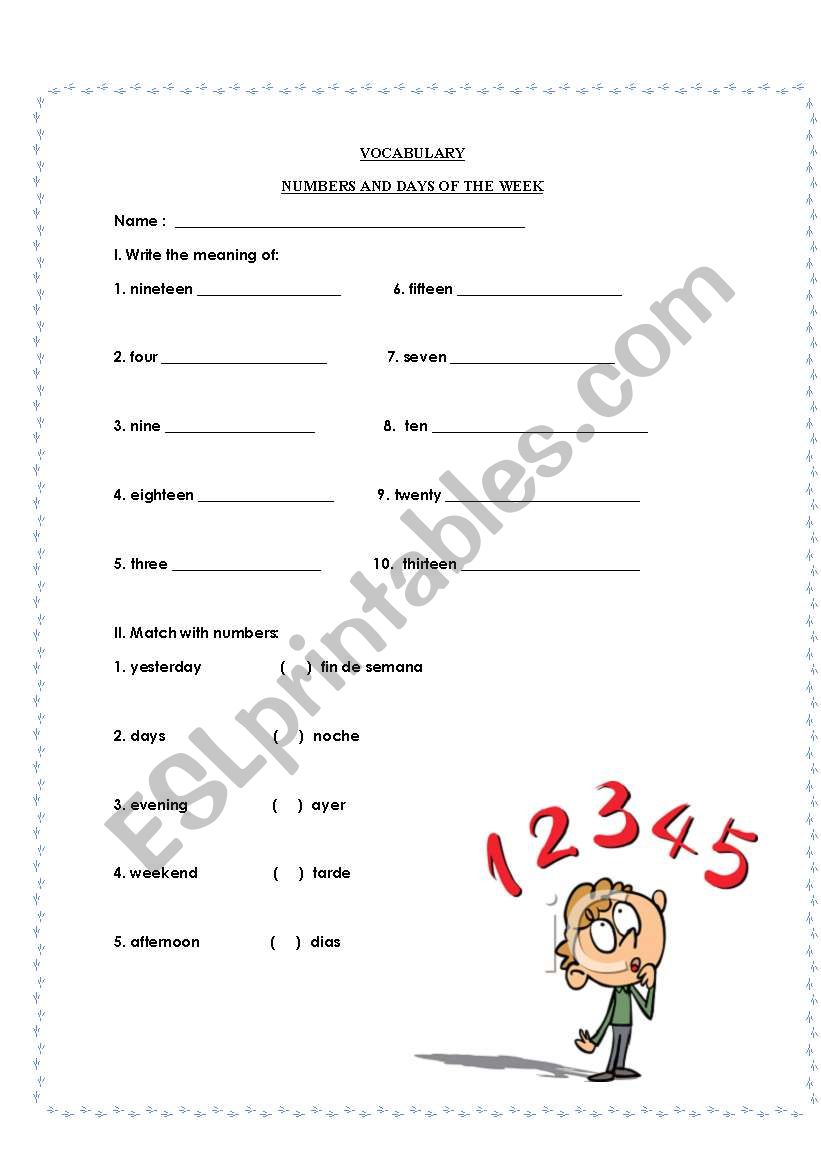 Days and numbers worksheet