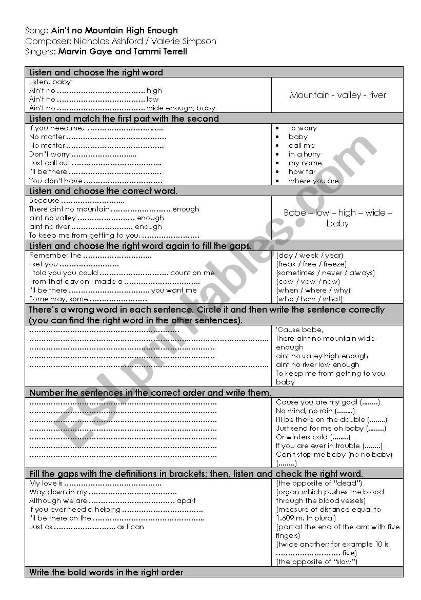 Aint no mountain high enough worksheet