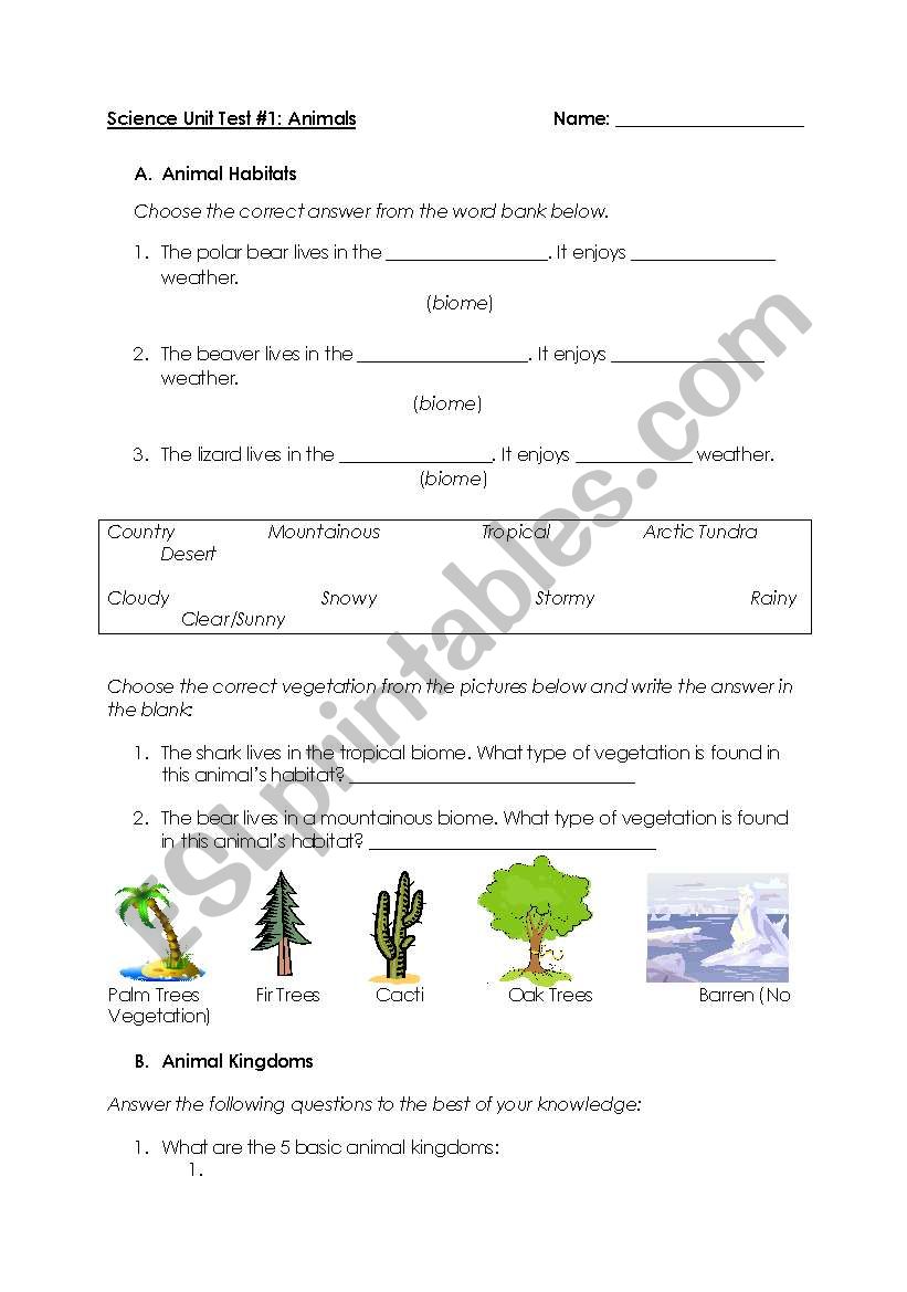 Animals Worksheet - Habitats, Kingdoms and Life Cycles