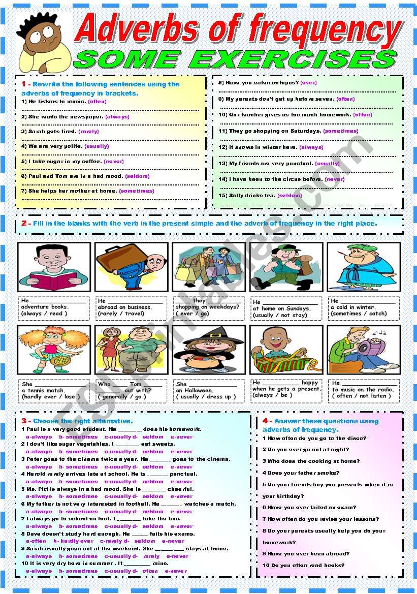 THE ADVERBS OF FREQUENCY -EXERCISES (B&W VERSION INCLUDED)