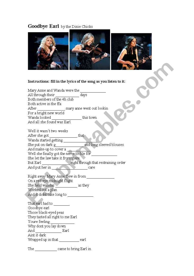 Good Bye Earl by Dixie Chicks worksheet